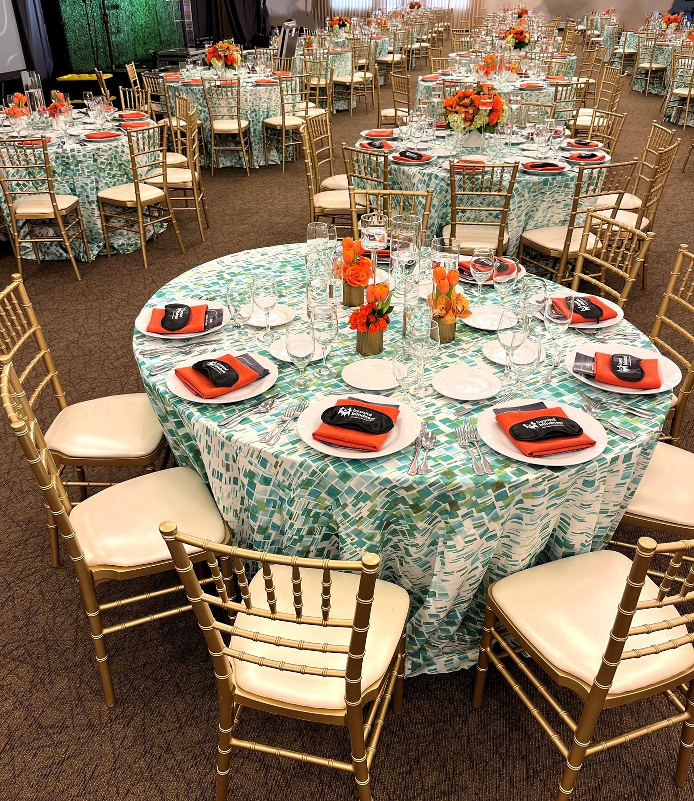 Special Event reception table setting with custom linen and place settings